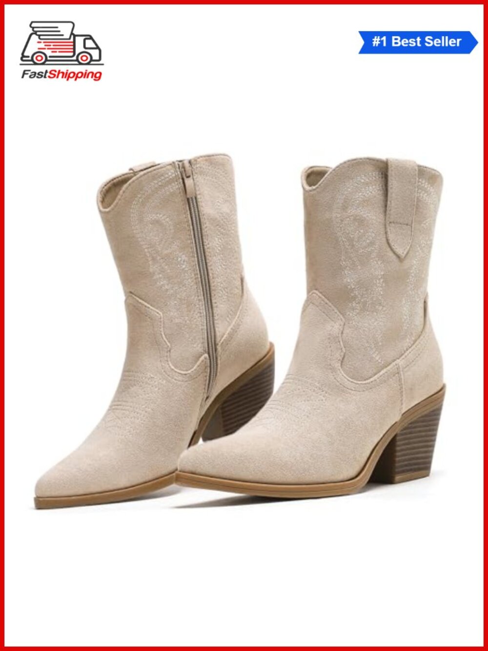 Cowboy Ankle Boots Pointed Toe Block Heel Faux Suede Embroidery
